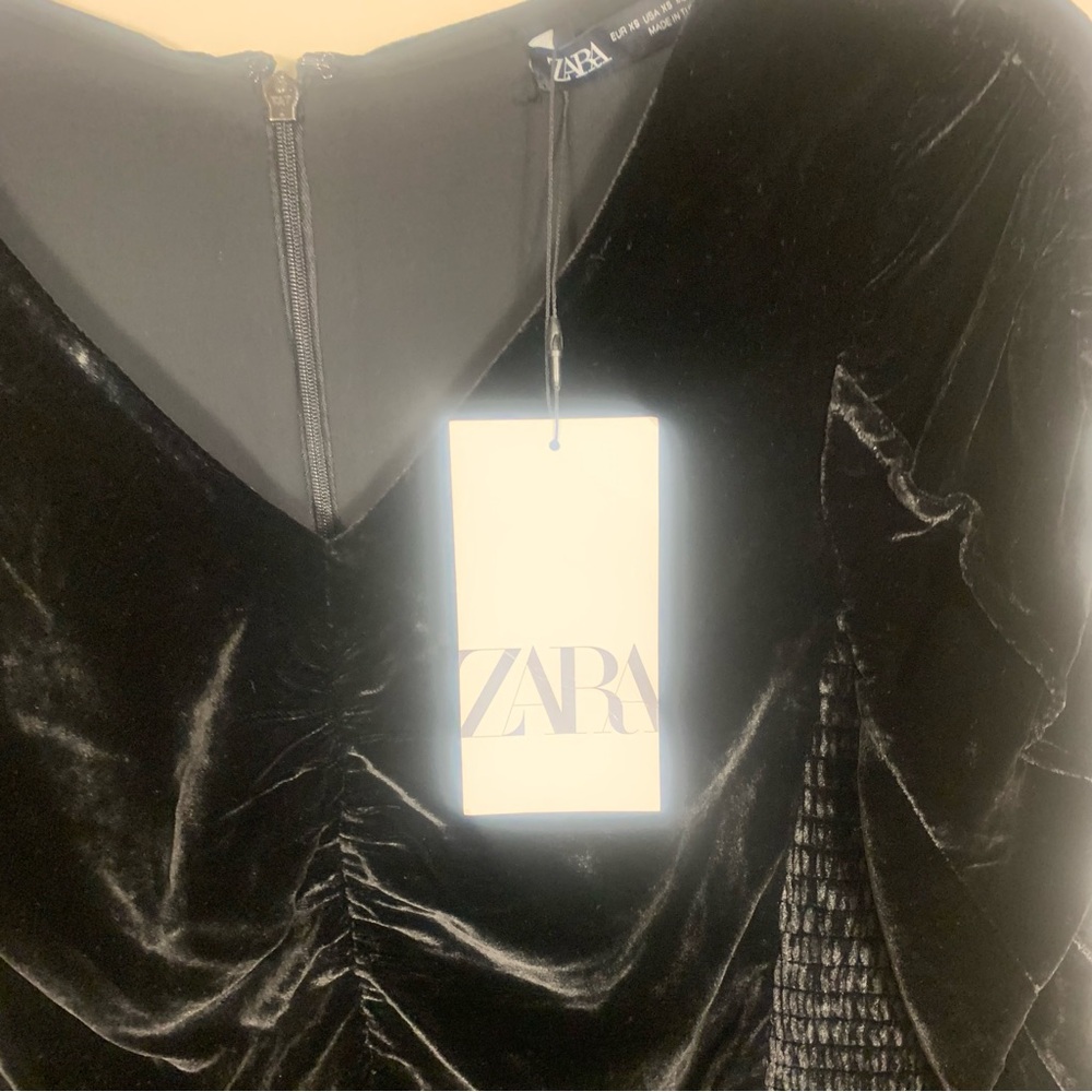 ZARA Velvet Ruched Ruffle Smocked Mini Dress - Picture 5 of 15